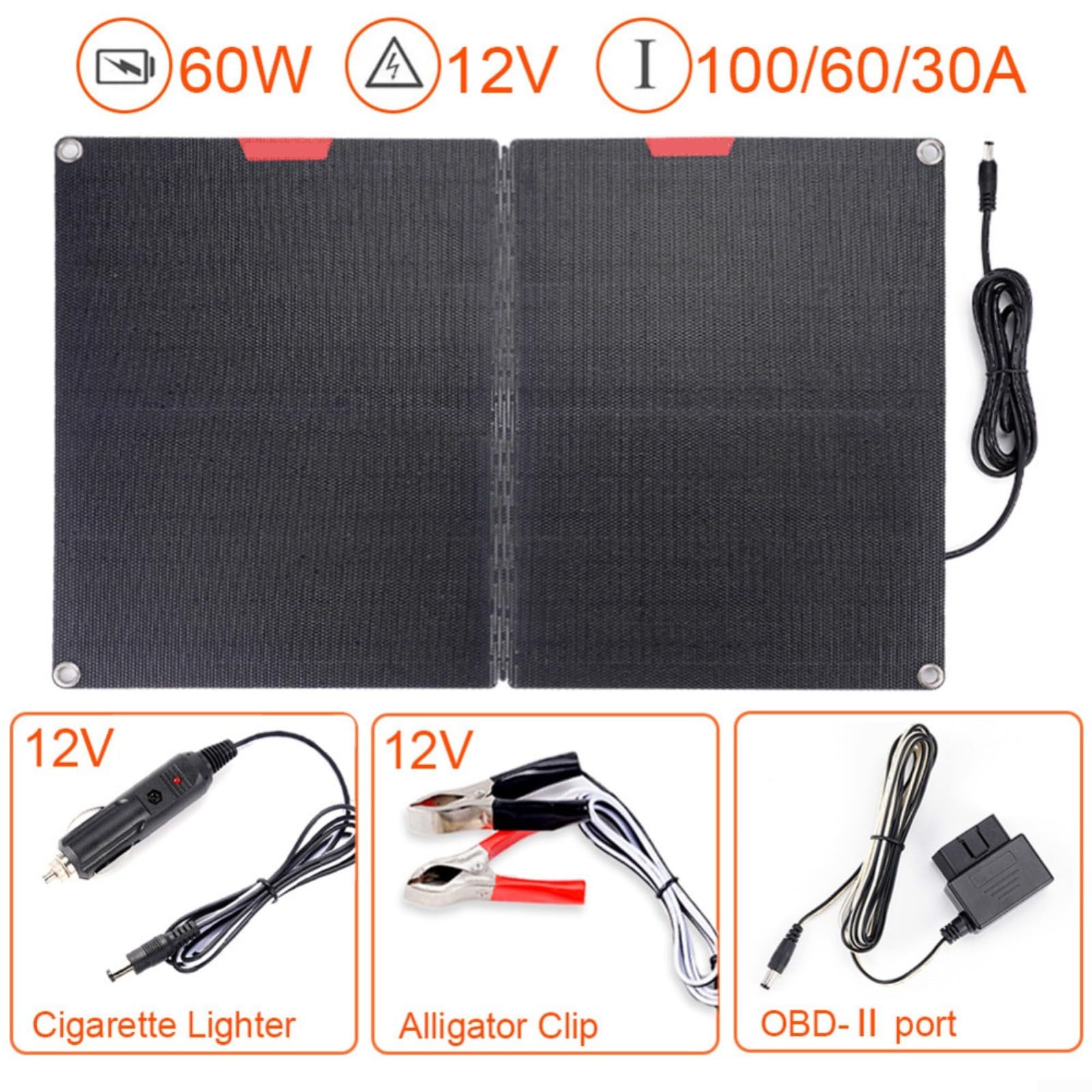 60W Faltbares Solarpanel Kit mit ETFE-Oberfläche und Laderegler, tragbarer Sonnenkollektor für Camping, für wohnmobil und Outdoor, 12V Aufladung mit Krokodilklemmen und OBD-Anschluss(D)
