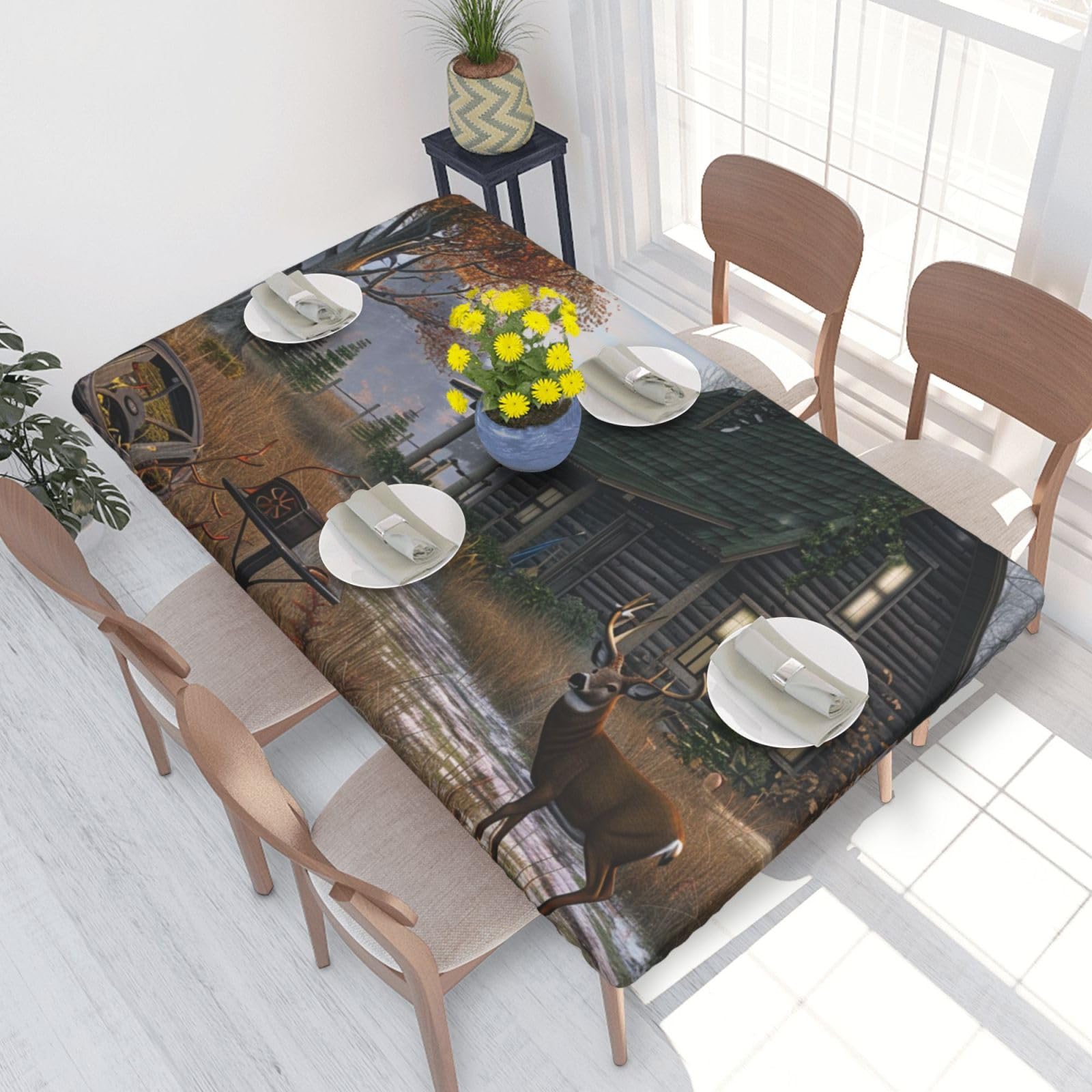 DCARSETCV Holiday home deer hunting Printed 4FT Waterproof Tablecloth with Elastic Edged Protect & Decor Your Table, Oil-proof Washable Table Cloth Cover for Dinner Picnic Party