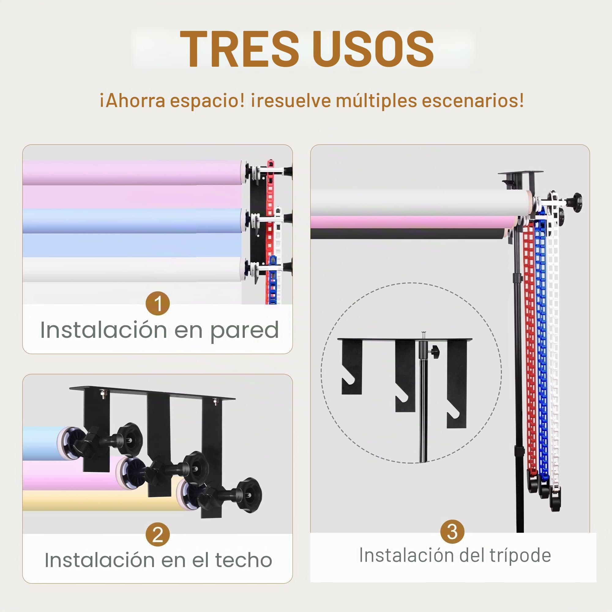 EMART Pared de Fondo de Rodillo, Sistema de Soporte de Fondo Manual de Montaje en Pared,Incluye 3 Rodillos, 2 Ganchos Triples, 6 Varillas Telescópicas, 3 Cadenas, 8 Tornillos de Fijación y 3 Ganchos