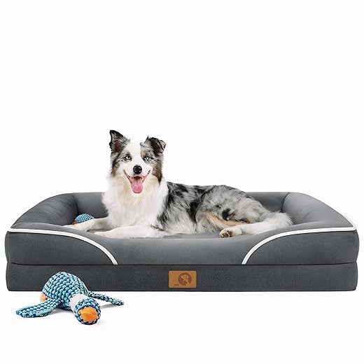 Homemate Dog Bed Large Sized Dog: 42x30 inch Orthopedic Large Dogs Bed XL Outdoor Pet Cat Bed Sofa Supplies with Toy Dogs Crate Pad Couch with Removable Washable Cover & Non-Slip Botton Dark Grey