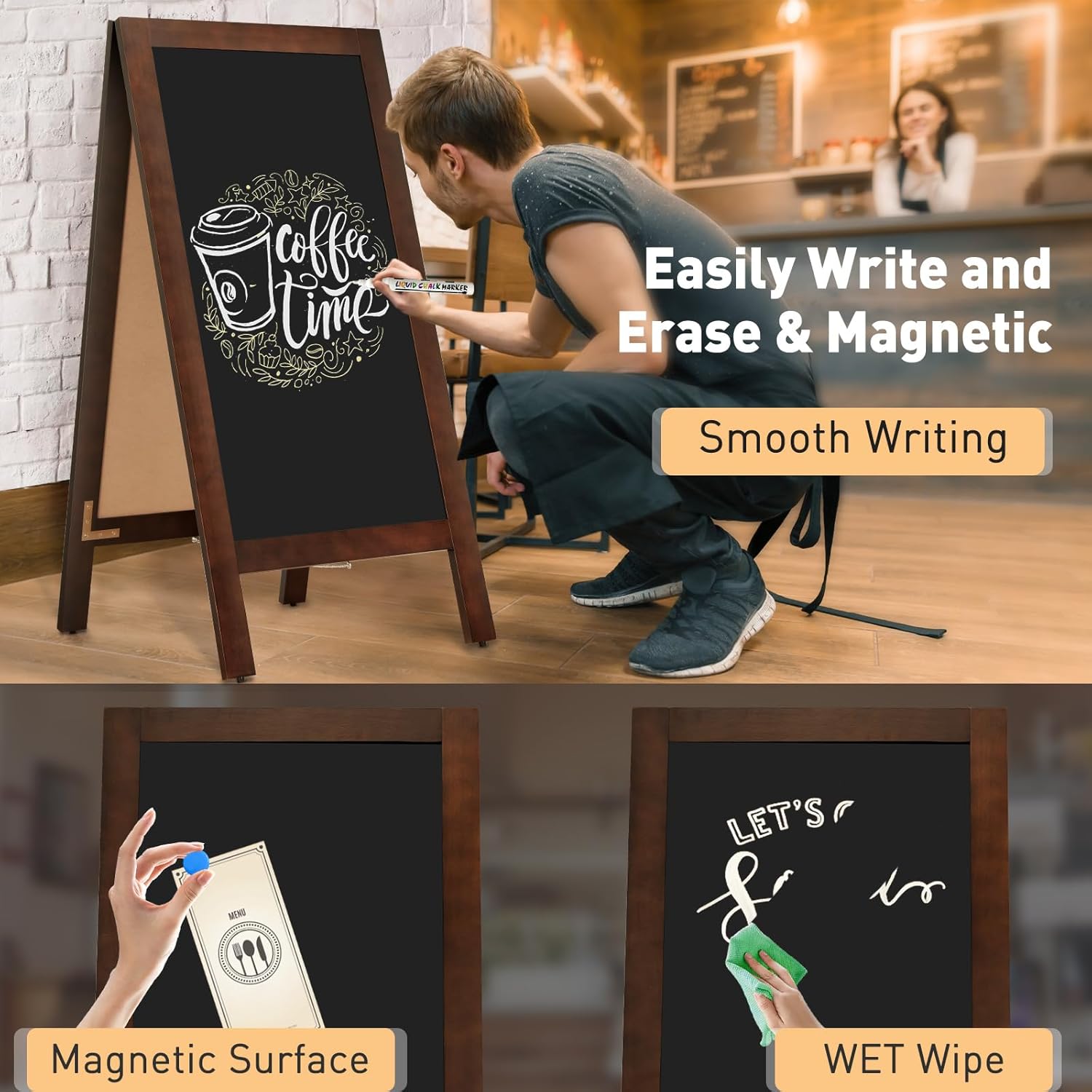 DOLLAR BOSS 40" x 20" A-Frame Chalkboard Sign Double-Sided Magnetic Sandwich Board Solid Pine Wood Frame Stable Freestanding Menu Display for Outdoor, Café, Wedding, Business, Dark Brown