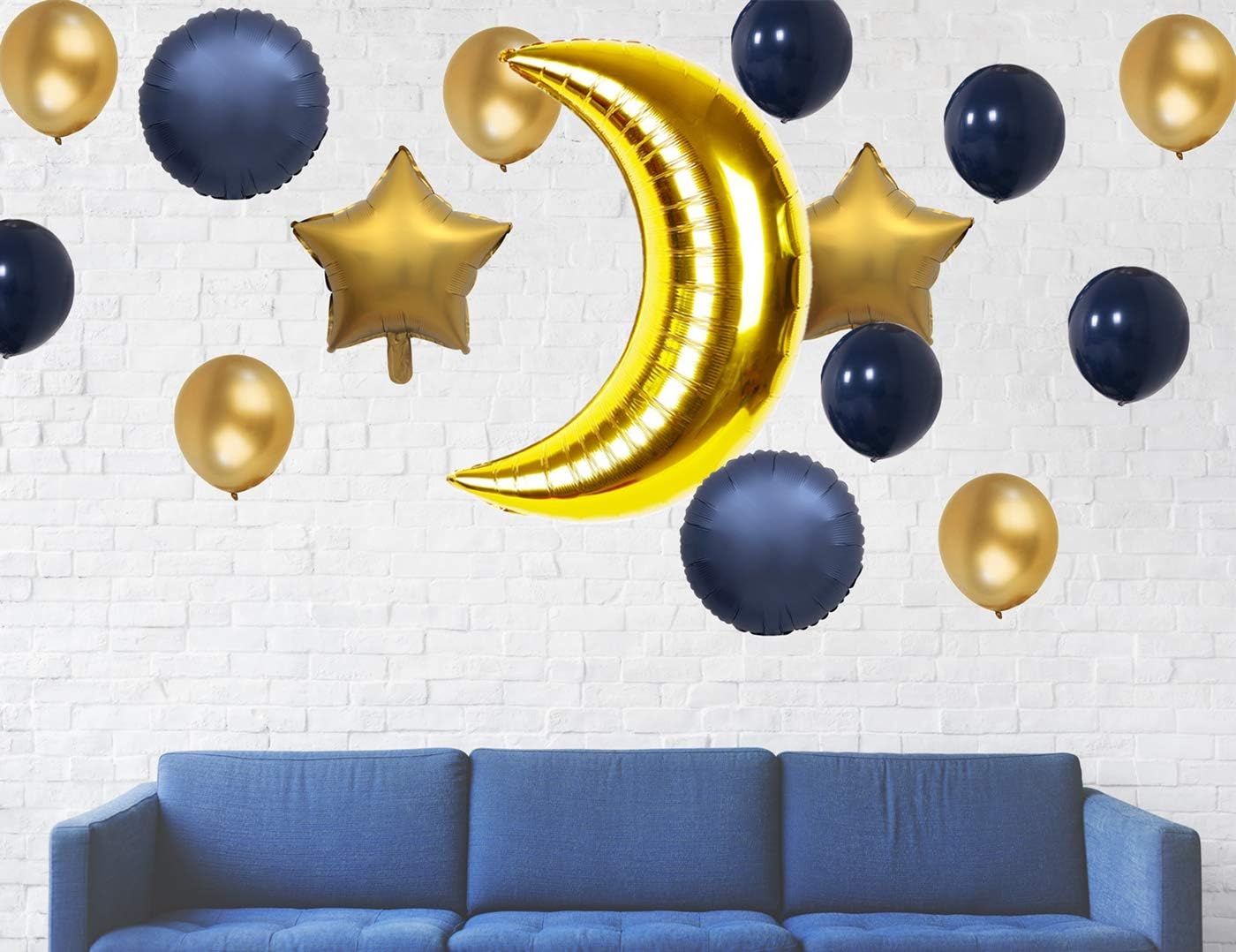 InBy 15pcs Navy Blue and Gold Moon Balloon Sky Night Moon Star Theme Balloon Party Decoration Baby Boy Girl Shower Wedding Birthday 36" Moon Foil Mylar Balloon 18" Start Balloon 12" Latex Balloon Kit