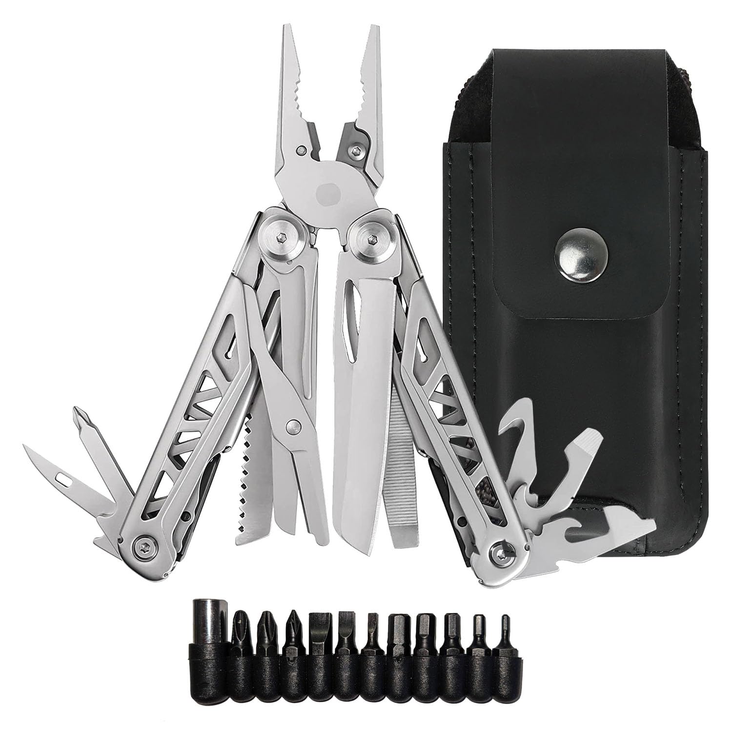 EPG Heavy Duty Multitool, Leather Case and Screwdriver Bits, 18 Stainless Steel Locking Tools, EDC Gear with Pliers, Bottle Opener, Box Cutter and More, Fits in Pocket