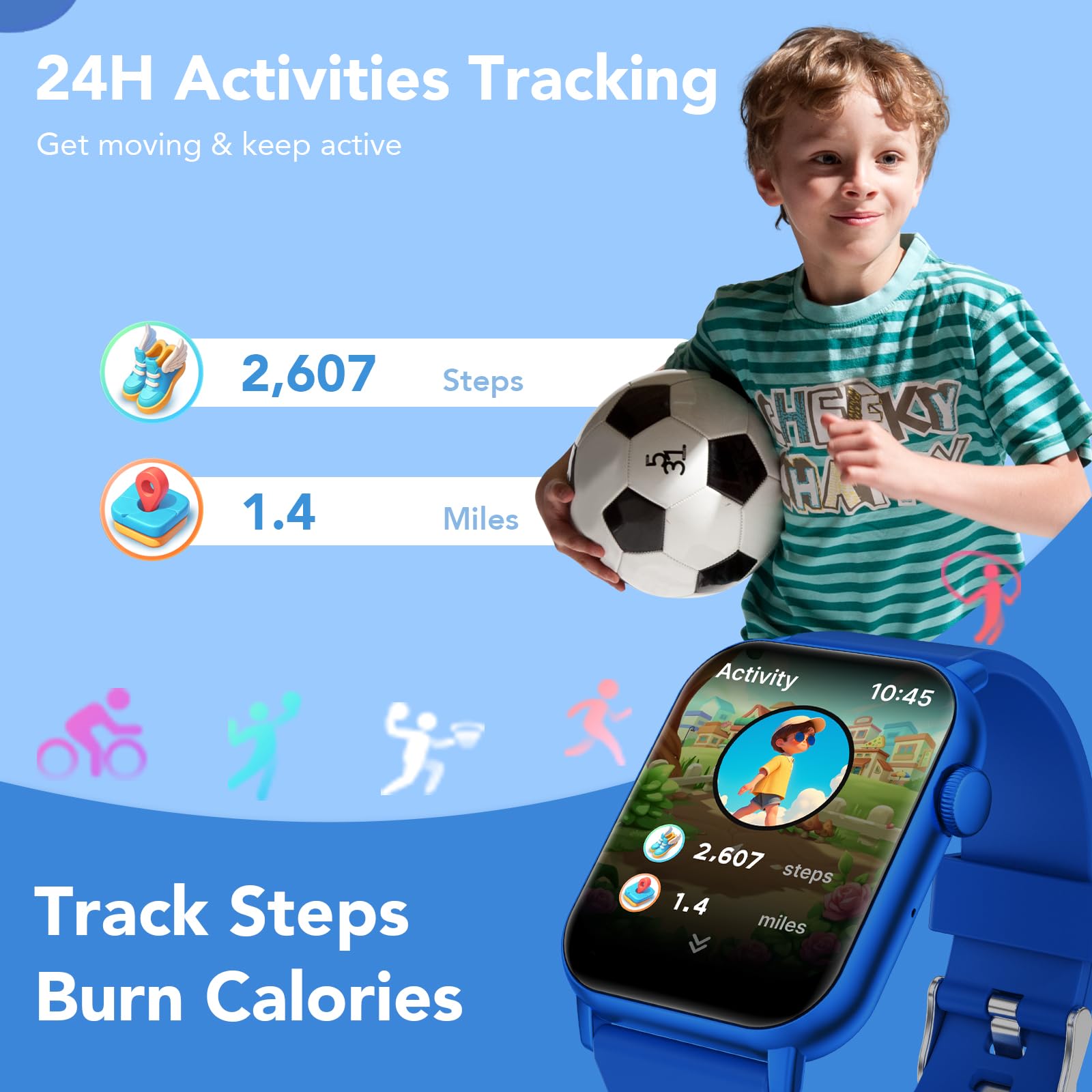 Smartwatch per Bambini 3-12 con Fitness Tracker, Orologio Smartwatch Bambini con Contapassi, Giochi, Frequenza Cardiaca,Monitor del Sonno,IP68 Impermeabile per Smart Watch Bambino Audiobook,Study Card