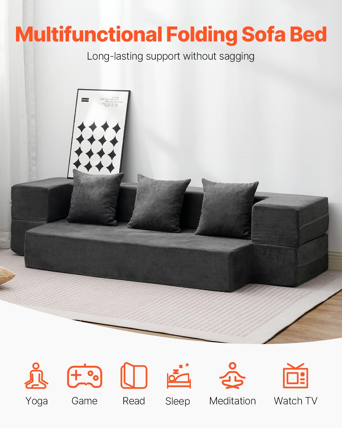 VEVOR Canapé-lit pliant 3 en 1, fauteuil-lit convertible pliable avec 3 oreillers et housse lavable, canapé-lit futon en mousse à mémoire de forme, pour salon, chambre, gris foncé, 103 x 193 cm (Twin)
