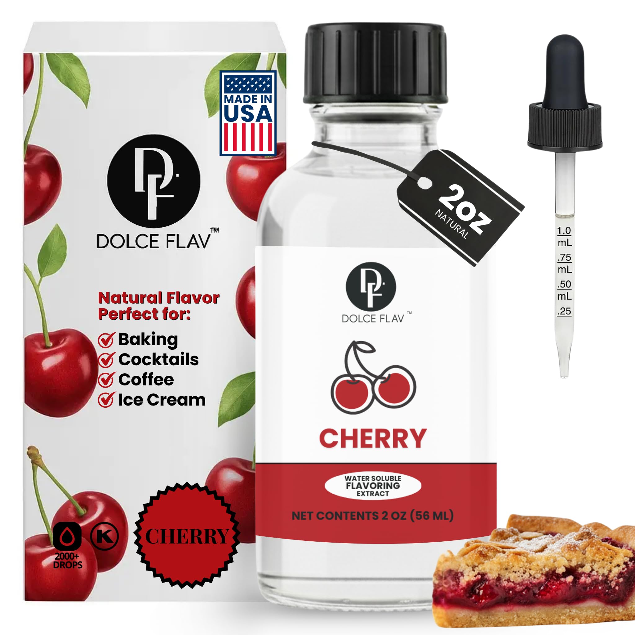 Dolce Flav Natural Cherry Extract – 2 oz Water-Soluble Pure Cherry Flavoring Drops for Baking, Drinks & Desserts | Highly Concentrated | Sugar Free |