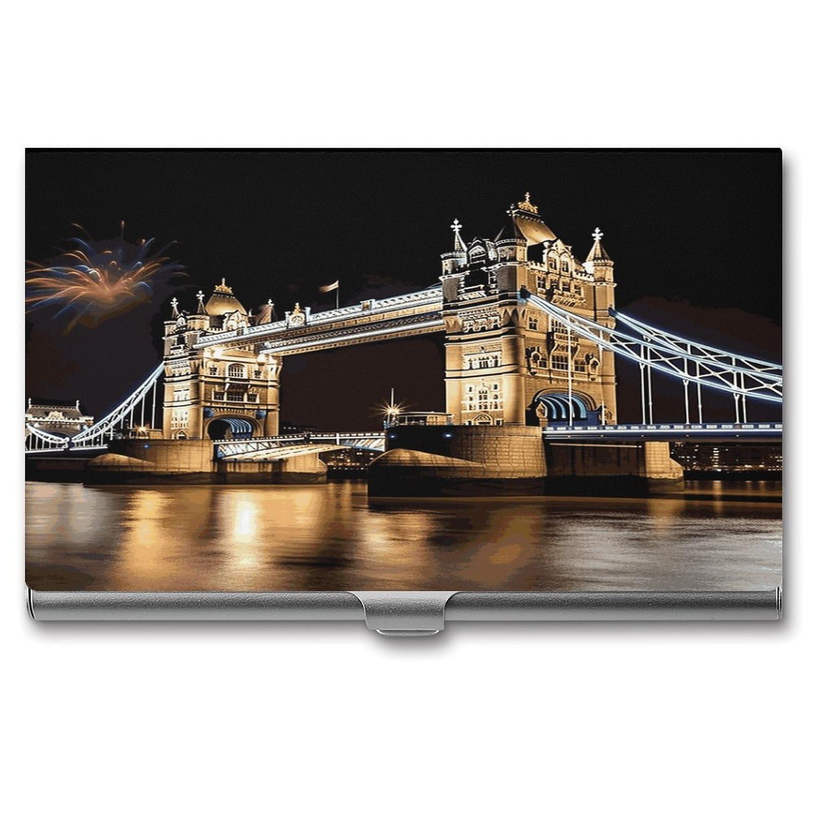 LDGSUPH Night London Tower Bridge Business Card Holder Fashion Slim Name Card Holder Minimalist Design Case Metal Card Carrier Personalized Business Card Case with Flip for Men Women