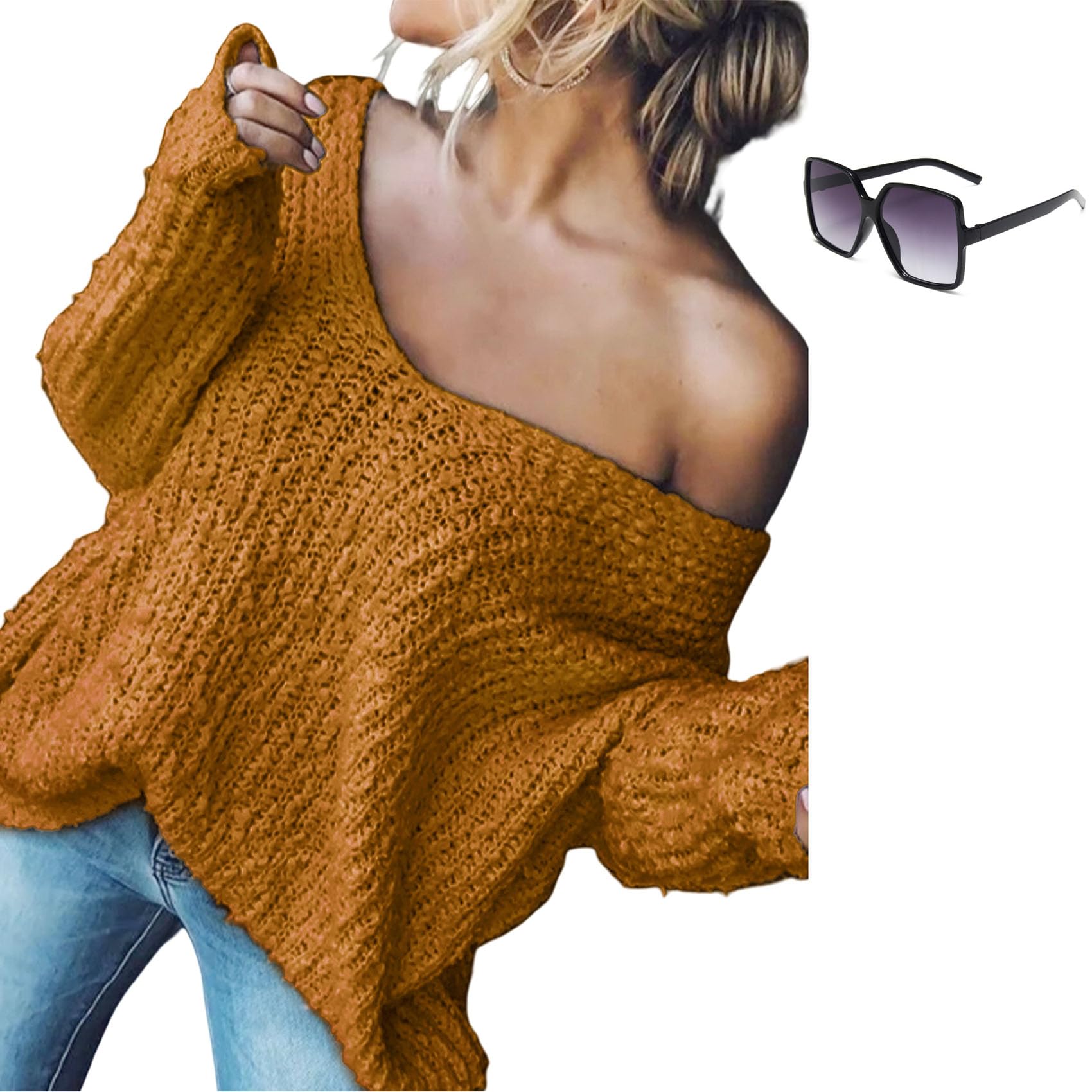 Womens Off-The-Shoulder Sweater Loose Lightweight Pullover Top V-Neck Hollow Knitted Solid Color Long-Sleeved Autumn