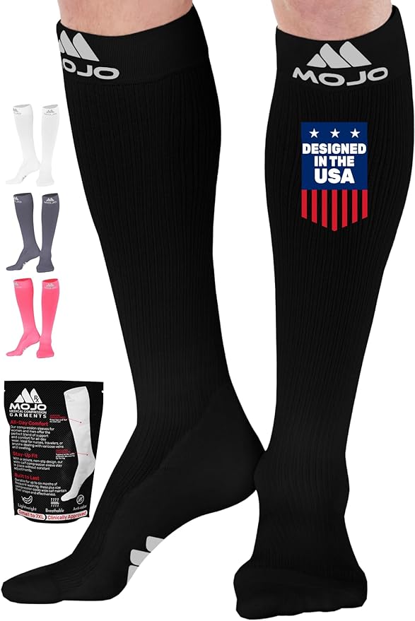 Mojo - Compression Socks for Women and Men 20-30mmHg Knee High - Men and Womens Compression Stockings for Circulation during Travel, Airplane, Flights - Black, Large - M809