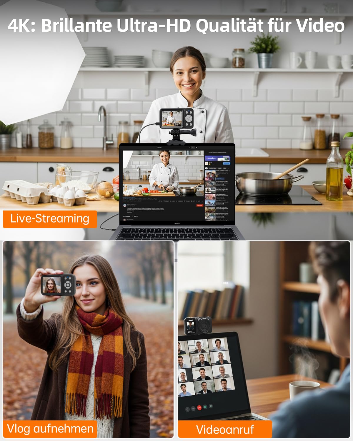 Rollei Compactline 64 Dual Screen Digitalkamera, 64MP 4K Fotoapparat mit Dual Display Kompaktes Fotokamera mit 18X Digitalem Zoom für Kinder Anfänger Schwarz, Digital-Kamera-Kompaktkamera-Fotoapparat