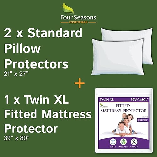 Bundle - 2 artículos: funda de colchón ajustable individual XL + protectores de almohada estándar impermeables con cremallera (2 piezas)