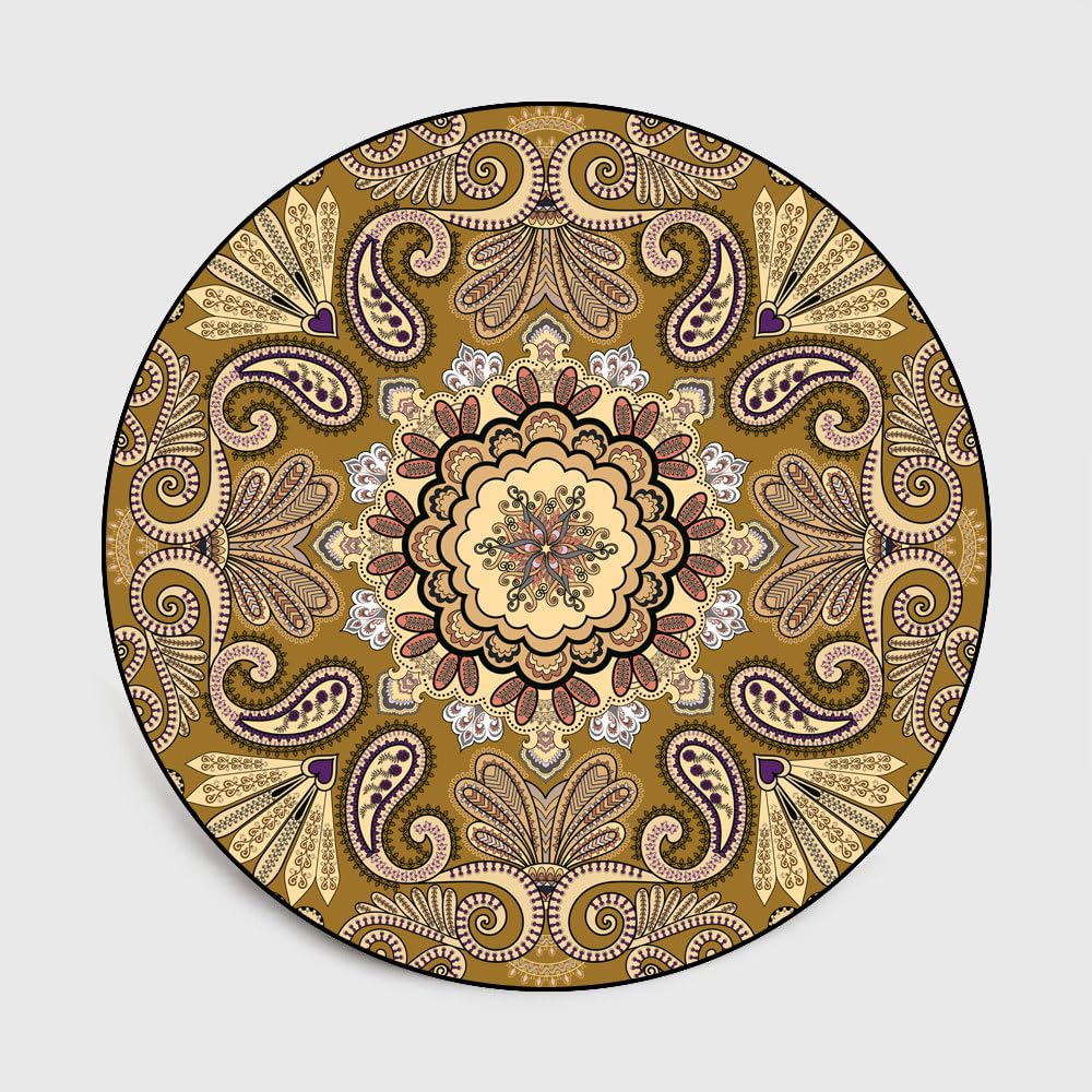 Grand tapis rond jaune rétro Ø 170 cm de salon et chambre pour décoration intérieure vintage