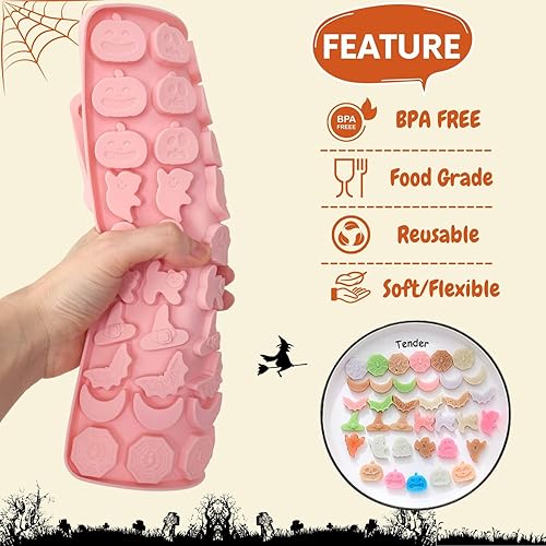 Miniatura 2 de 1 molde de silicona para chocolate para Halloween, calabaza, fantasma, gato, sombrero de bruja, luna, telaraña y forma de murciélago 3D para