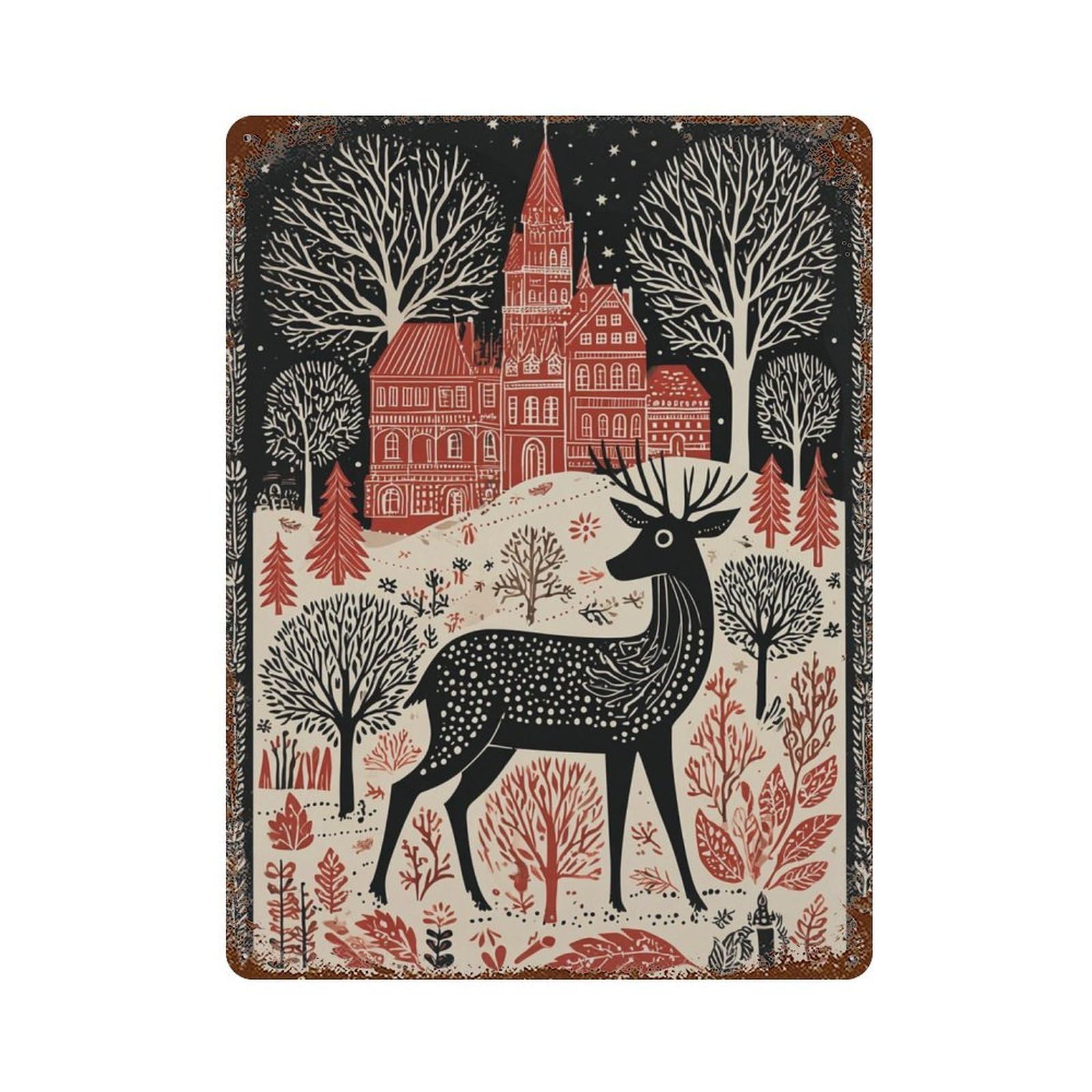 xiaoxiaoshen Black Red Folk Deer Gothic Castle Nordic Woodland Scandinavian Maximalist Hygge Wall Decor Art Metal Tin Poster Modern Home Decor Art Home Bar Shop Decorations Vintage Sign 40x30cm