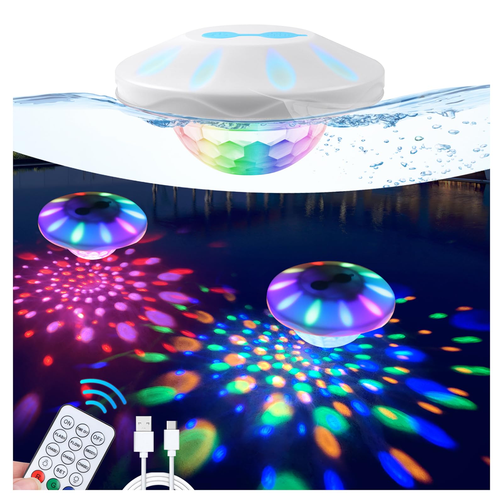 Rechargeable Floating Pool Lights: Remote Control Pool Lights That Float with 6 Dynamic Lighting IP68 Waterproof RGB Upper and Lower Floating Lights for Hot Tub Pool Garden Party 1 Pack