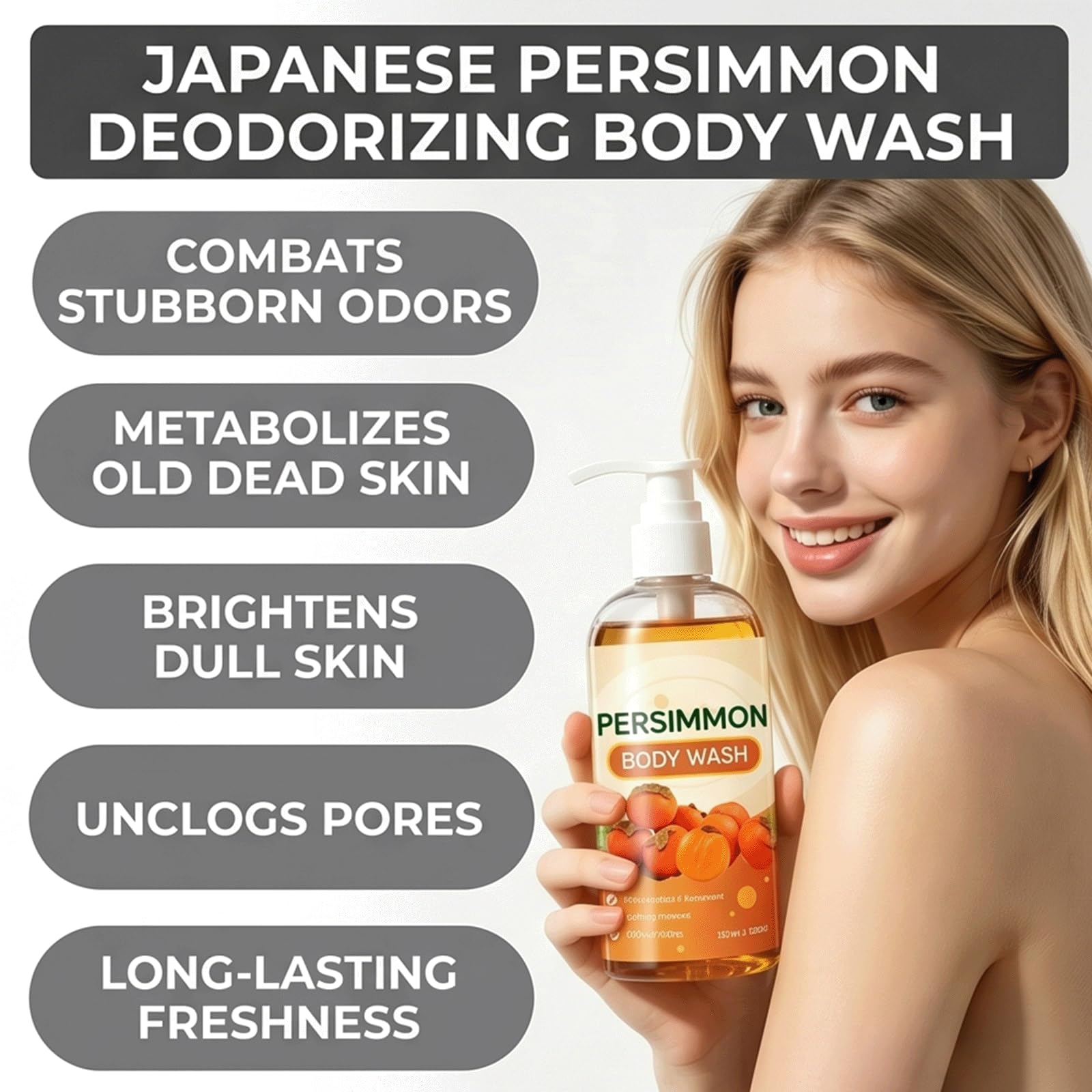 Persimmon Body Wash-Japanese Persimmon Dezodoryzujący Body Wash dla silnego zapachu Körper i zapachu starzenia, naturalny przeciwutleniacz rozjaśniający żel pod prysznic, poprawia szorstką (3szt)