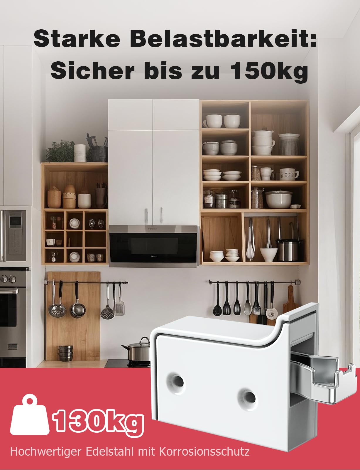 Mellbree Uchwyt do szafki wiszącej, regulowany, uchwyt ścienny, maksymalna nośność 130 kg, wytrzymały uchwyt do szafek kuchennych, łazienkowych i salonowych (6 sztuk, biały)