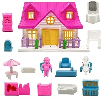 Mikha Doll House Non-Toxic BPA Free Plastic Toy Set Fully Furnished with One Lady, One Boy, Consists of Bed, Table, Chairs, Dressing Table, Drawers, Openable Door For Kids - (Pack of 18PCS), (Multicolor)