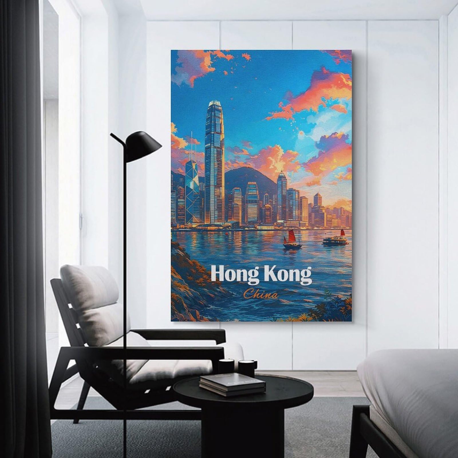 Junmoney Decorative Wall Artwork Hong Kong Skyline at Sunset(2), 20x30inch(50x75cm), for New Homes, Bedrooms Or Workspaces, Canvas Artwork with Gifting Potential
