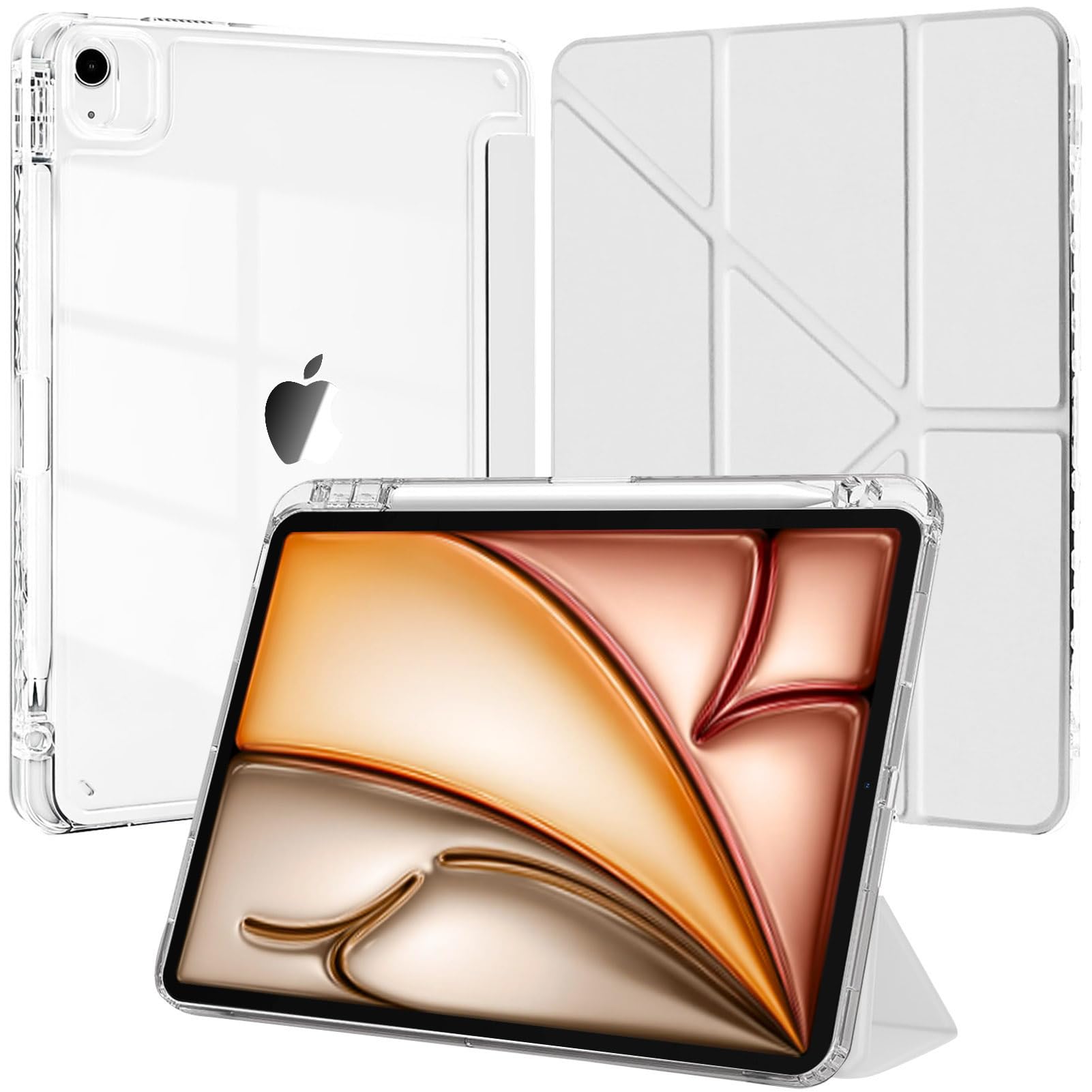 Hülle für iPad Air 13 Zoll M3/M2 (2026/2025/2024)/iPad Pro 12.9 2022/2021/2020/2018, 6-in-1 Mehrere Blickwinkel, Transparente Rückseite mit Pencil Halterung, Unterstützt Pencil Pro/USB-C