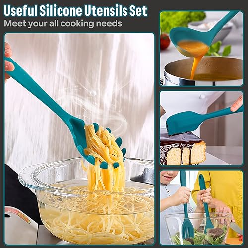 Miniatura 6 de E-far - Juego de utensilios de cocina de silicona, 7 piezas, color azul, resistentes al calor, herramientas antiadherentes, espátula, cucharón,