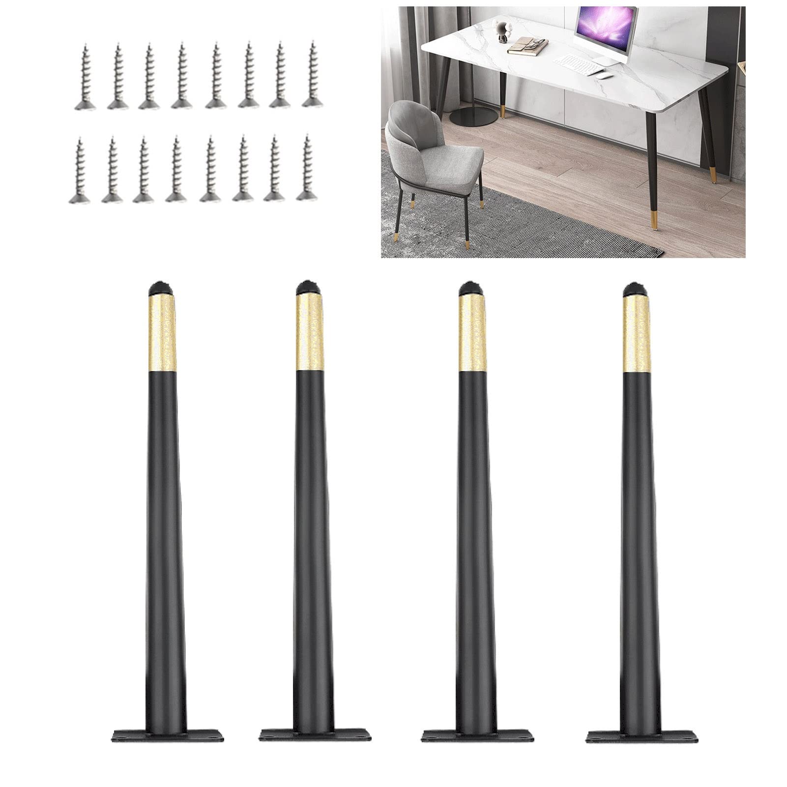 KFGISD, 4 Pieces Black Gold Metal Table Legs| Tv Cabinet Foot| Straight Table Legs for Cabinet Wardrobe Bed ，Metal Furniture Legs(Black,28 Inch/72Cm)