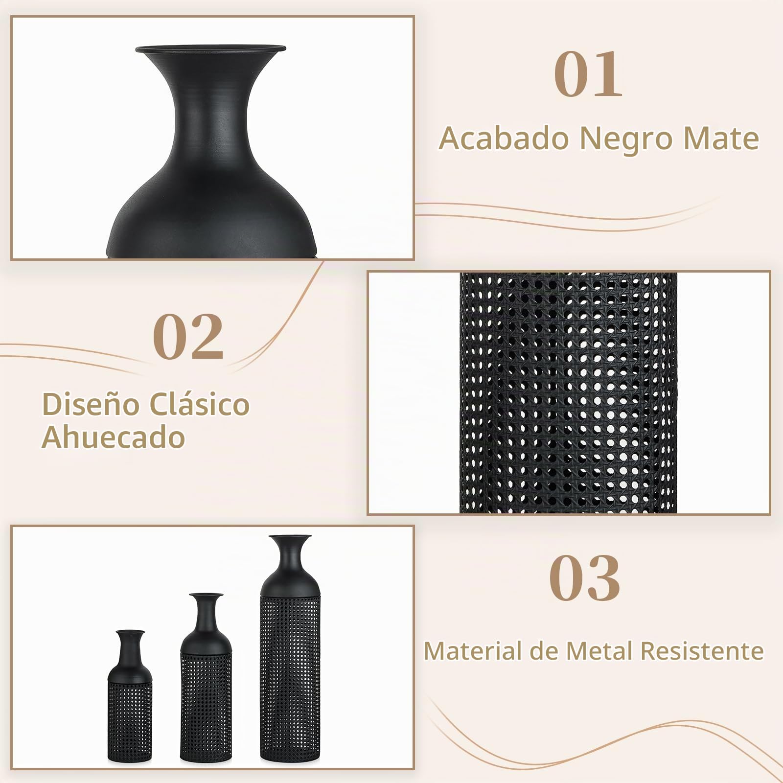 Sziqiqi Jarron de Suelo Altos Negro: Jarrón Grande para Suelo para Salón 68/51/41cm - Set de 3 Metal Florero Alto para Suelo - Jarrones Modernos con Textura de Panal para Dormitorio Cocina | Tapas gruesas, estables, extraíbles, 68/51/41 cm, modernas, para