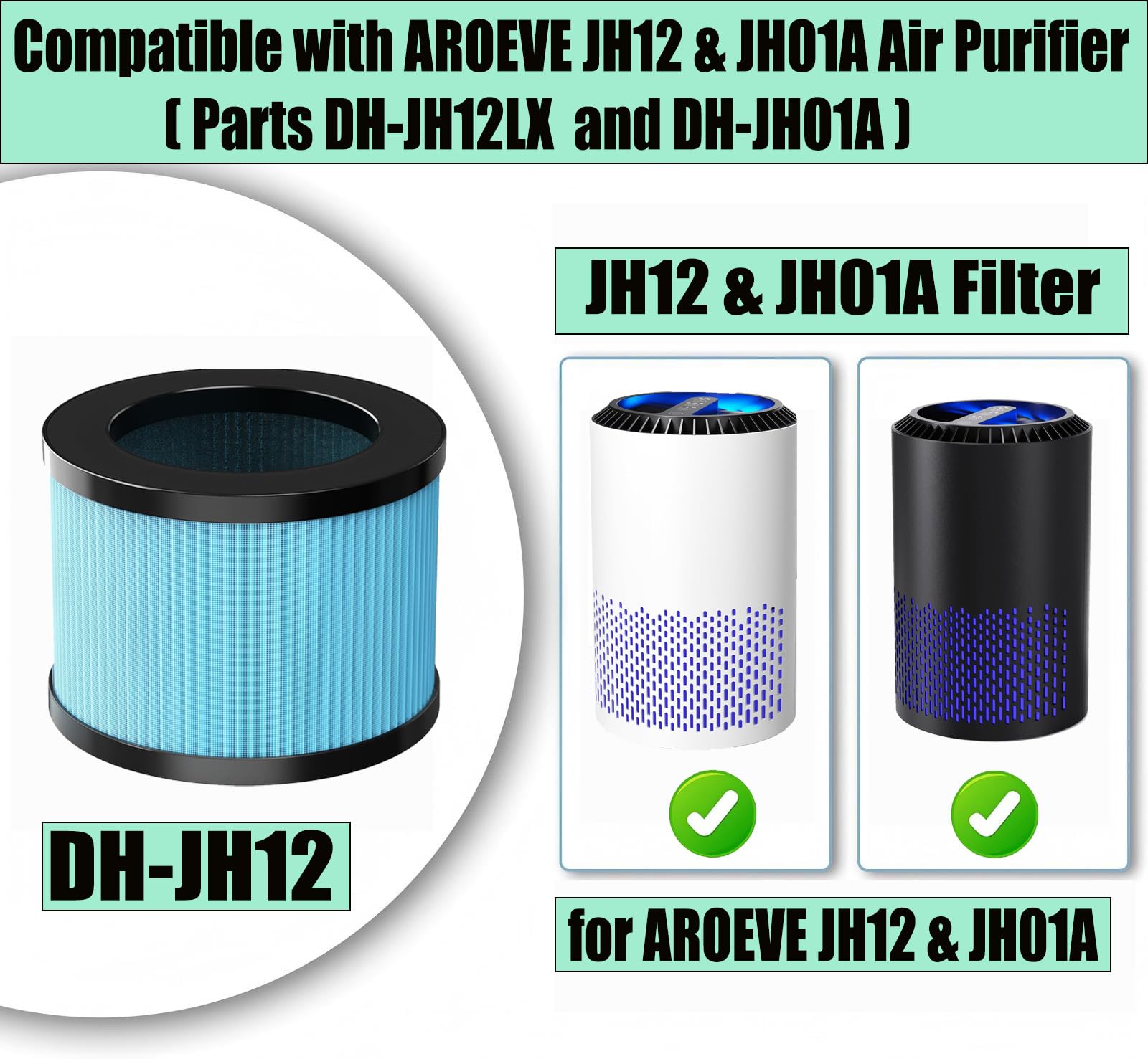 Filtros de carbón activado HEPA JH12 y JH01A de repuesto para purificador de aire AROEVE DH-JH12, filtro compuesto 4 en 1, piezas # DH-JH12LX (paquete de 3)