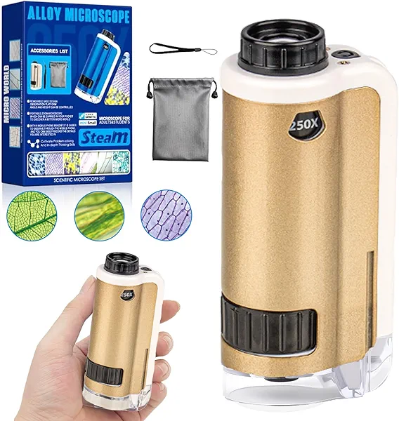 Pocket Microscope for Kids, SETFLAGS Kids Microscope, STEM & Science Toys, 100x-250x Zoom Portable Handheld Alloy Miniscope, Little Scientist Science Kit, Gifts for Ages 6+