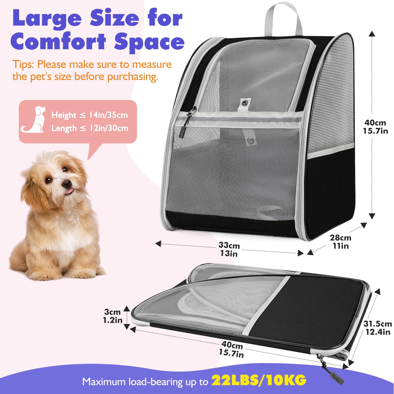 Pawaboo Zaino per Gatti Cani, per Animali Piccoli, da Viaggio Fino a 10 kg, Contenitore da Trasporto Traspirante con Supporto, Borsa per Passeggiata Escursione, Nero