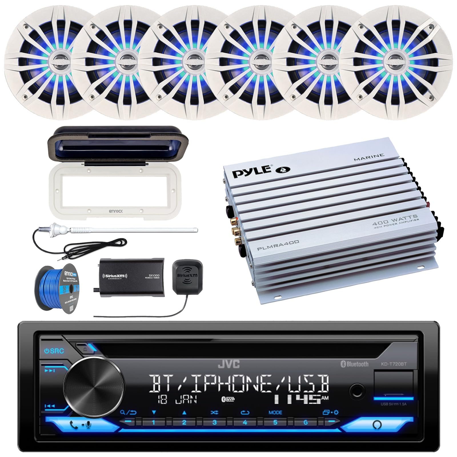 Single DIN AM/FM Radio Bluetooth CD Player Receiver, Radio Cover, 6x 6.5" 2 Way 180 Watt Multicolor LED Speakers (White), 4-Channel Amplifier, Satellite Radio Tuner Kit, Antenna, Wire