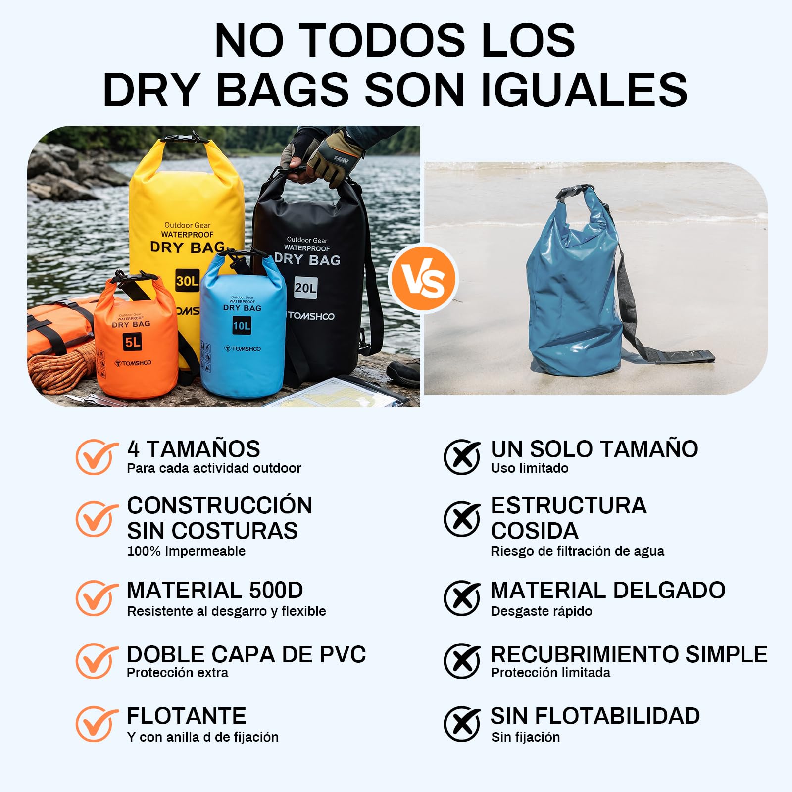 TOMSHOO Dry Bag - Juego de 4 bolsas impermeables de 5 l, 10 l, 20 y 30 l, impermeable, con tapa enrollable y correa para el hombro, tamaño versátil para kayak, barco, SUP, playa, camping