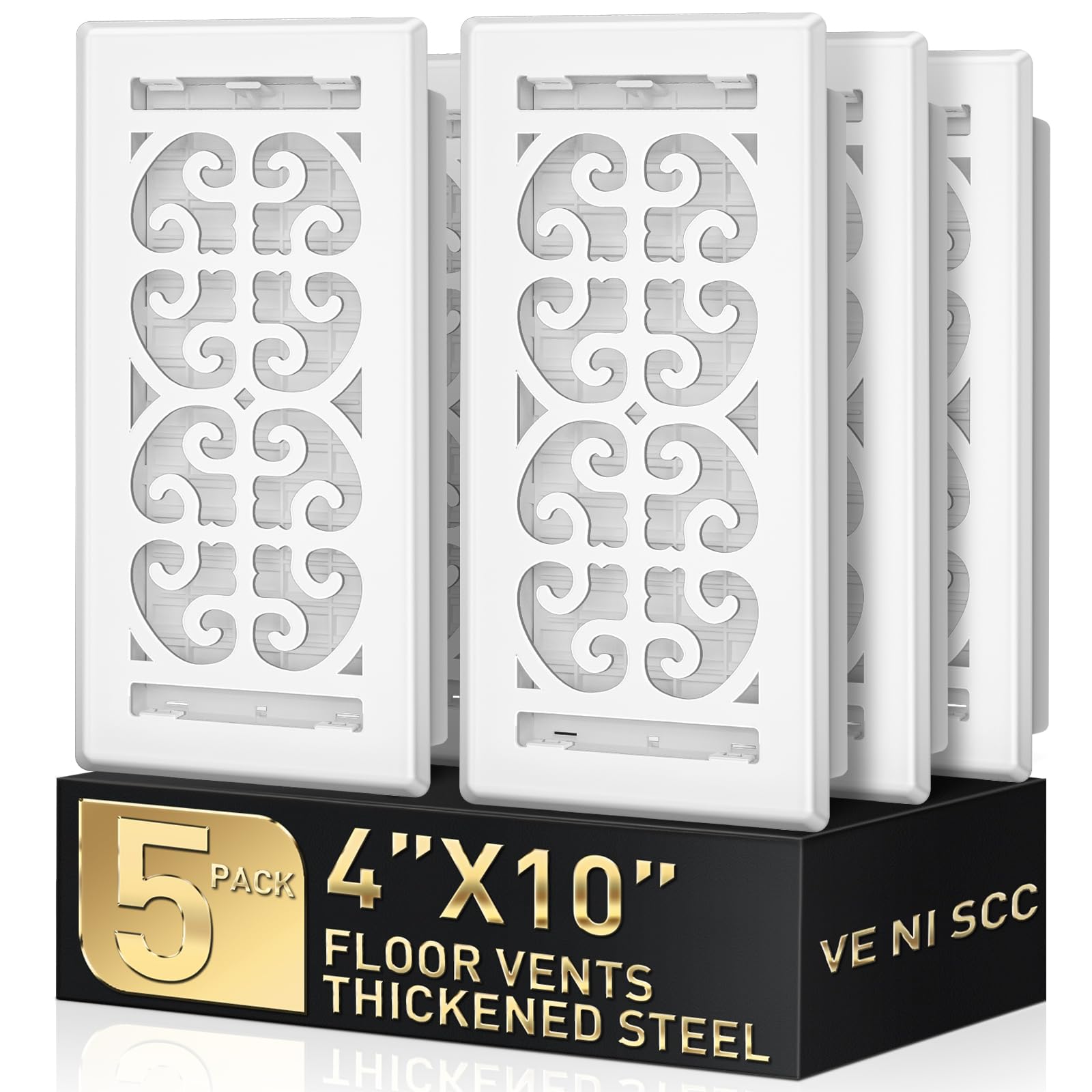 4x10 Floor Register Vent Cover – Heavy Duty Walkable Floor Vent Covers for Home Floor & Wall - Decorative White Thicker Metal HVAC Floor Vents with Adjustable Airflow Lever - 5 Pack - Scroll Design
