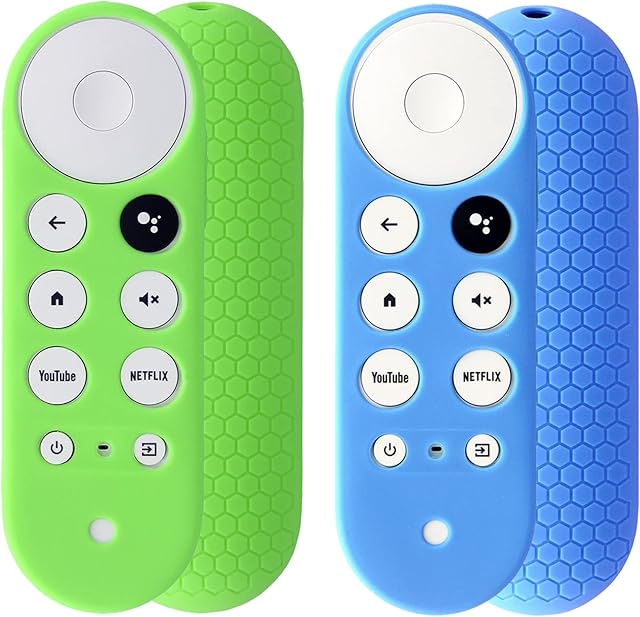 2pcs Remote Cover (Glow in the Dark) Compatible with 2020 Chromecast with Google TV Voice Remote, Pinowu Anti Slip Shockproof Silicone Case Cover (Green and Blue)