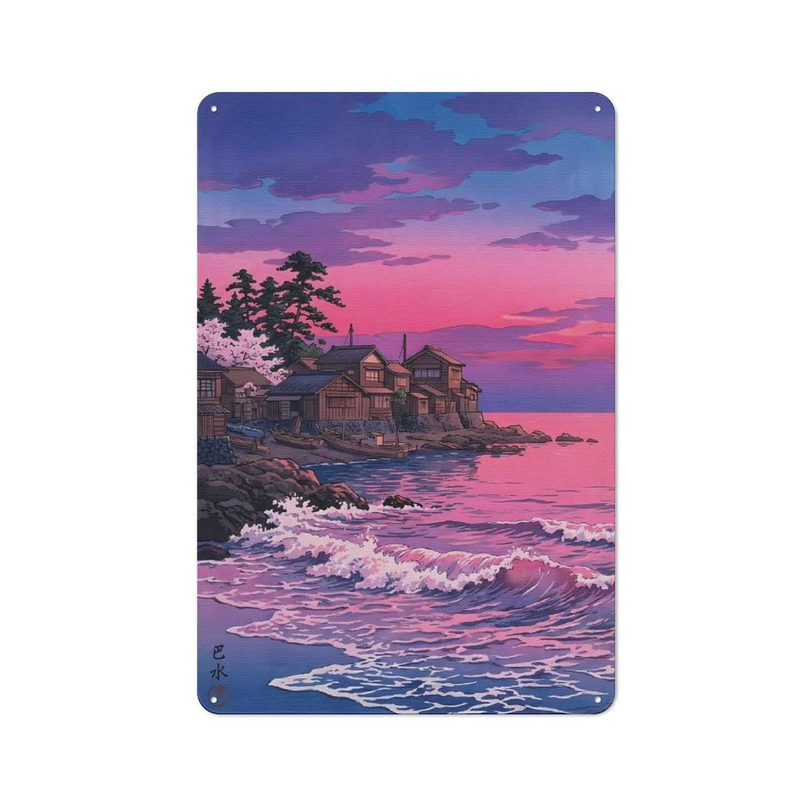 Junmoney Style-16 Metal Plaque With Japanese Coastal Village At Sunset Design 30X20cm, Rustic Cafe Wall Decor For Restaurant, Kitchen, Counter Or Breakfast Nook
