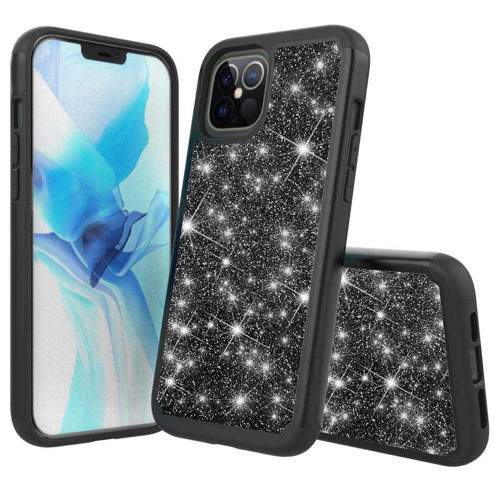 iEugen Compatible with iPhone 12 & iPhone 12 Pro Case Bling Sparkly Glitter Luxury Shiny Sparker Shell,Shockproof Bumper Cover Heavy Duty Protective 3 Layer Hybrid Cover,Women Girls,Men-Black