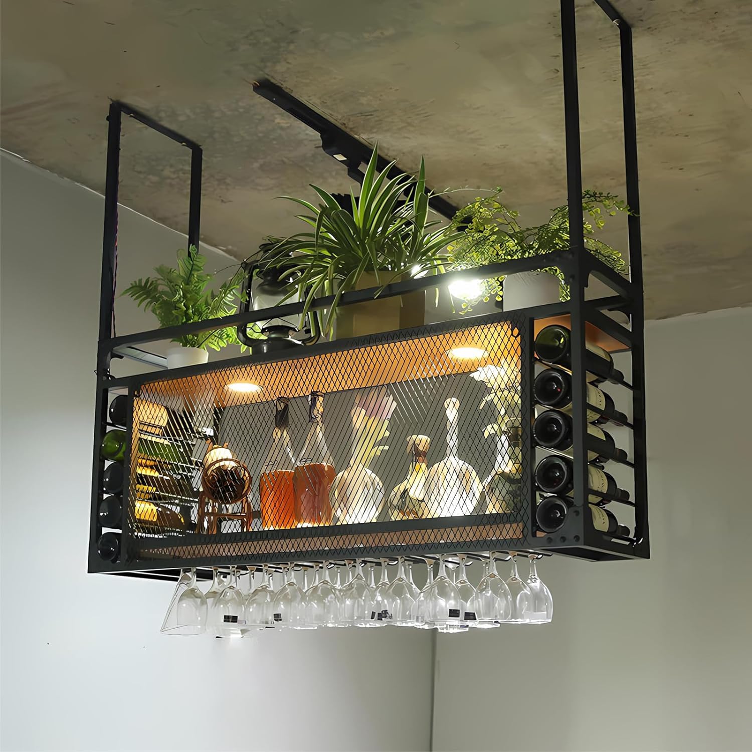 Botellero Colgante de Metal con luz LED, Soporte para Copas de Vino de Techo, Soporte rústico Industrial para Botellas de Vino de 2 Niveles, Soporte para Copas y Copas (100cm)