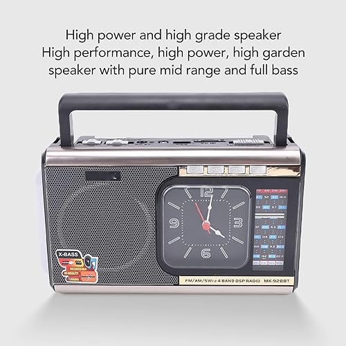 Miniatura 5 de Heayzoki Radio Bluetooth retro, radio portátil AM FM SW, altavoz 4 en 1 con reloj y linterna, batería de larga duración, sonido claro, para el