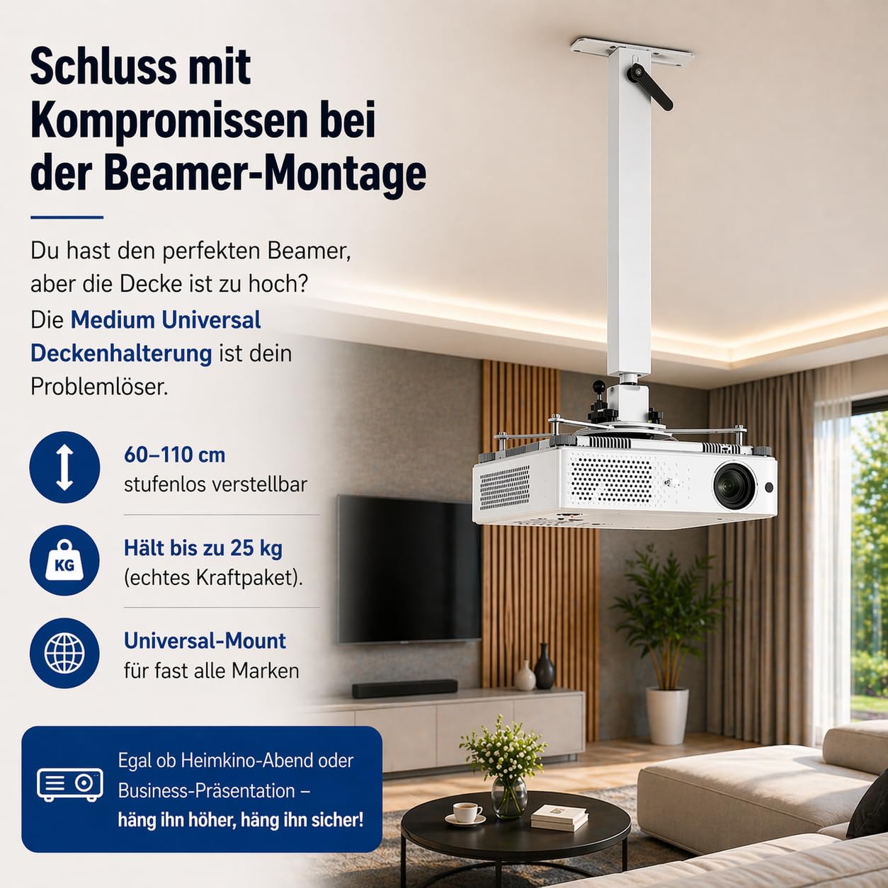 Alphavision Professional Universal Beamer Deckenhalterung Standard | Höhenverstellbar 60-110 cm | Tragkraft 25kg | 360° Drehbar | Neigbar | Projektor Halterung | Lichtgrau