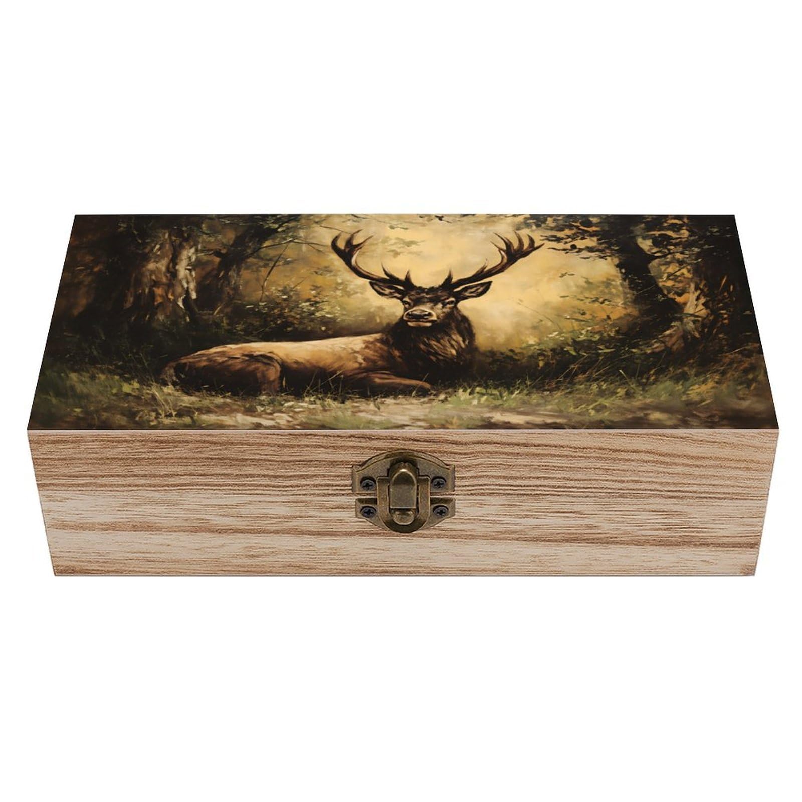 SMAZDFXX Deer In Scene Wooden Keepsake Box Vintage Solid Wood with Hinged Lid 7.9"×3.7"×2.3" Metal Latch Rustic Home Decor for Jewelry Photos And Trinkets