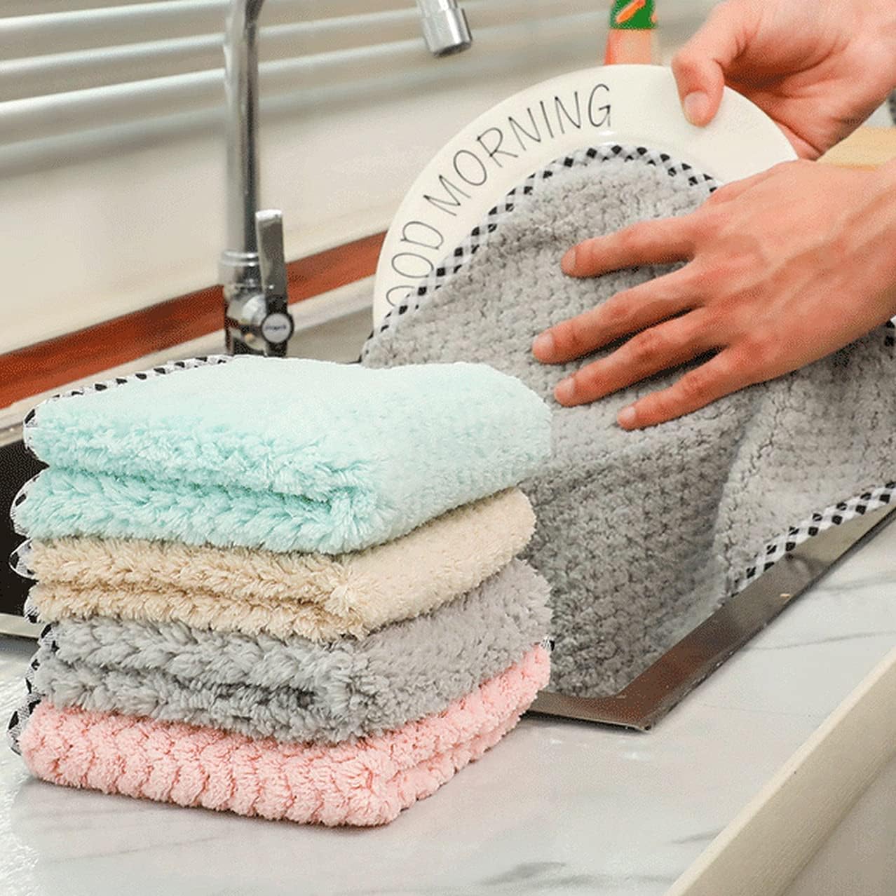 ATCAN Microfiber Cleaning Cloth - Kitchen Towels - Double-Sided Microfiber Towel Lint Free Highly Absorbent Multi-Purpose Dust and Dirty Cleaning Supplies for Kitchen Car, Pack of 5, Multi-Color