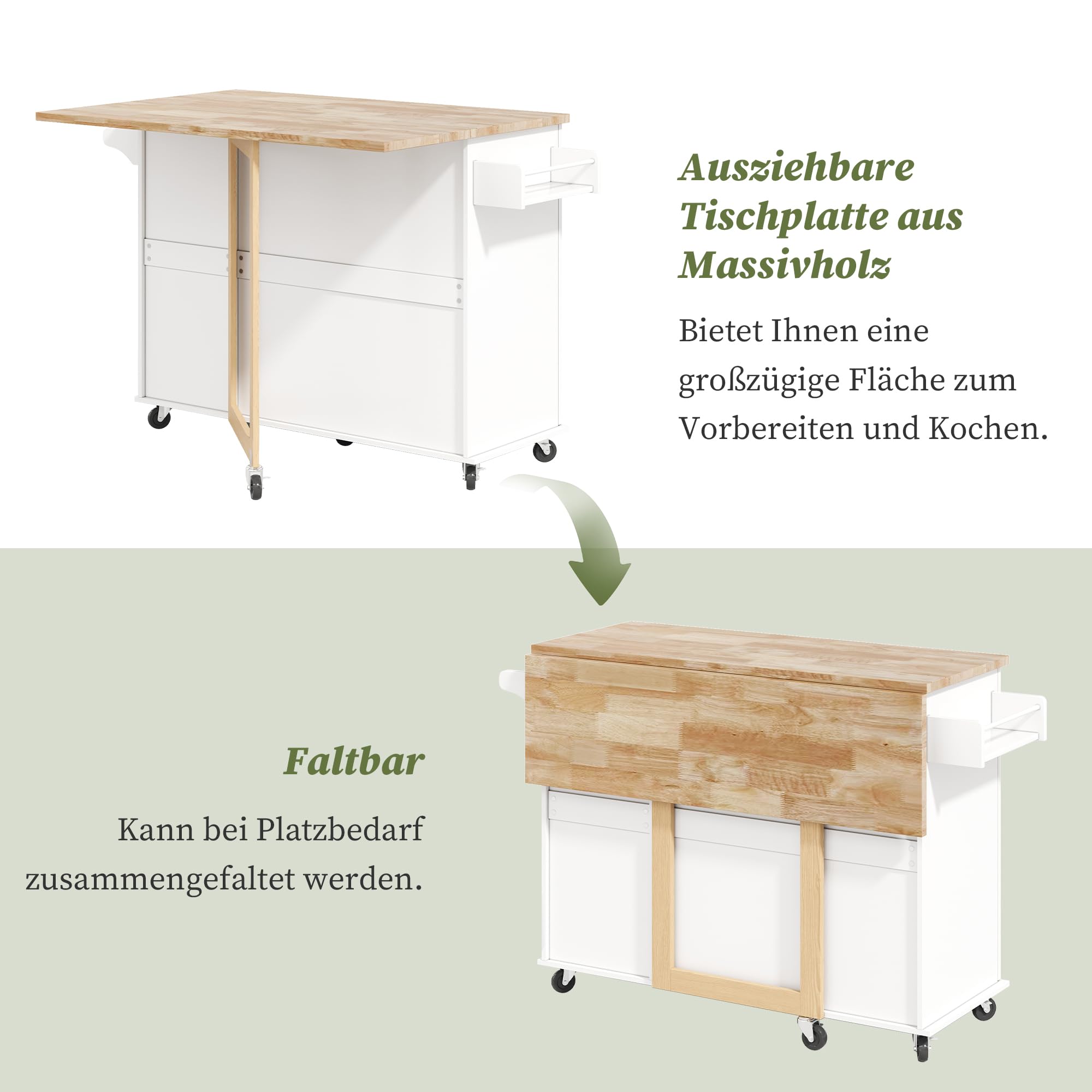 Merax Mobiler Küchentisch Kücheninsel auf Rädern mit klappbarer Eichenholz-Arbeitsplatte, Multifunktionaler Schrank, 5 Räder, für Küche, Esszimmer und Zuhause, 137 x 43(76) x 92 cm,Weiß