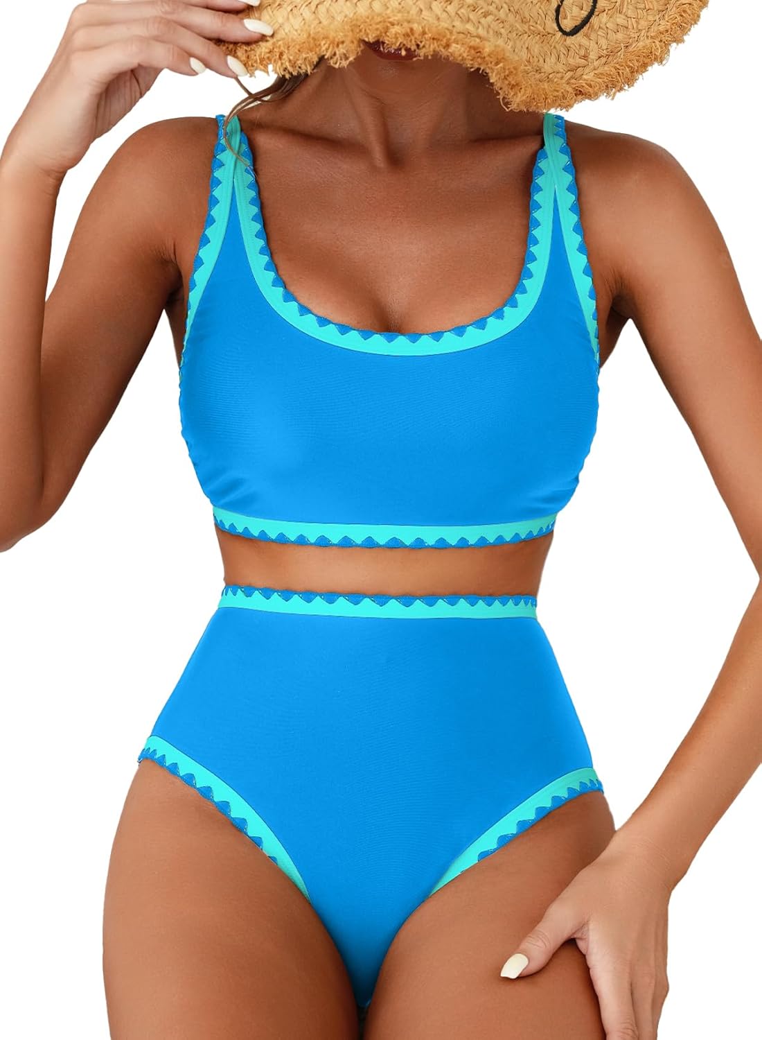 Herseas Women's Bikini Sets Floral Print Whip Stitch 2 Piece Swimsuits High Waisted Scoop Bathing Suits X-Large Sky Blue_shell Stitch