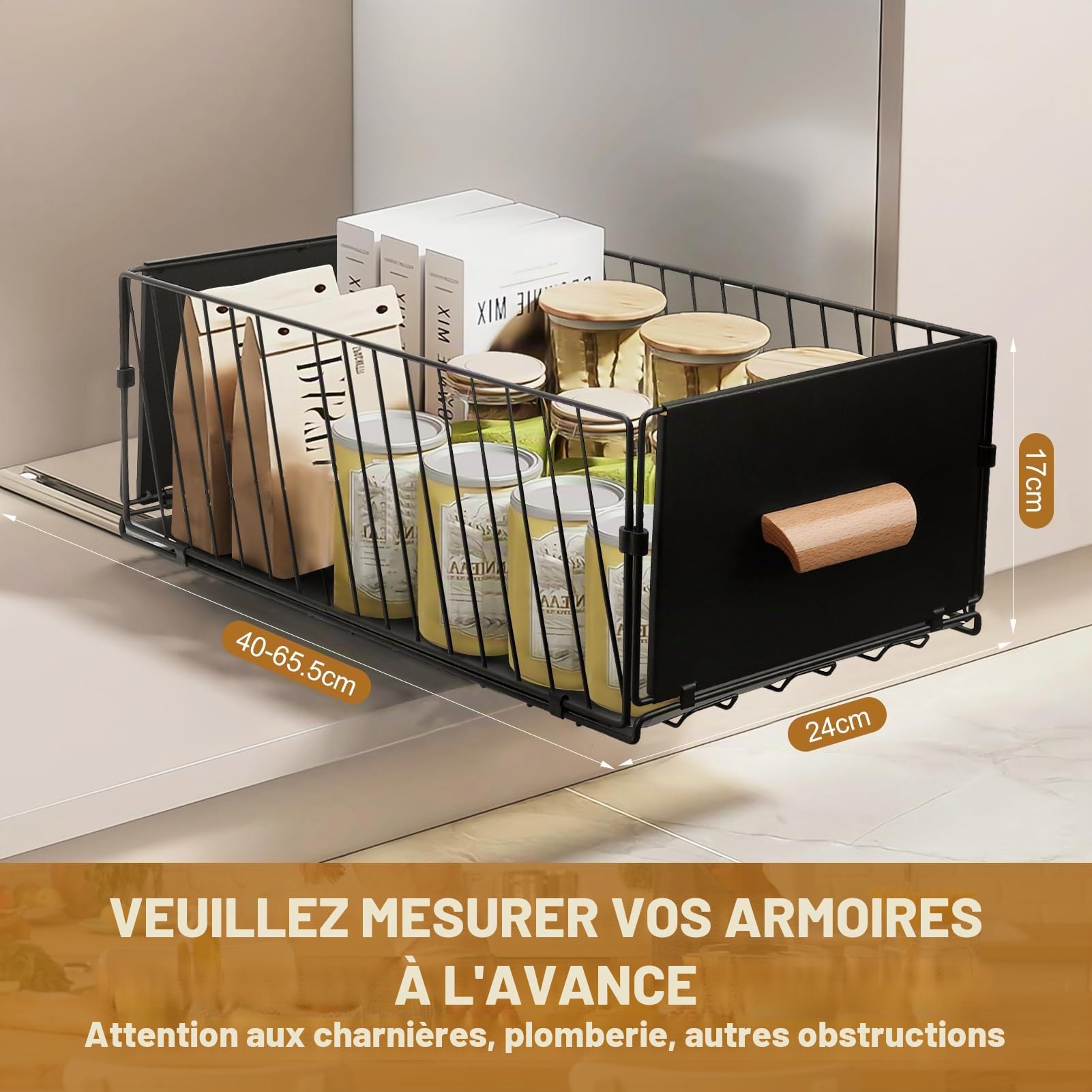 Lot de 2 Tiroir Coulissant Cuisine Extensible - Organisateur de Tiroir et Placard Sans Perçage, en Acier Inoxydable, 40 x 24 x 17 cm, Charge 20kg - Rangement pour Couverts, Épices, Bocaux