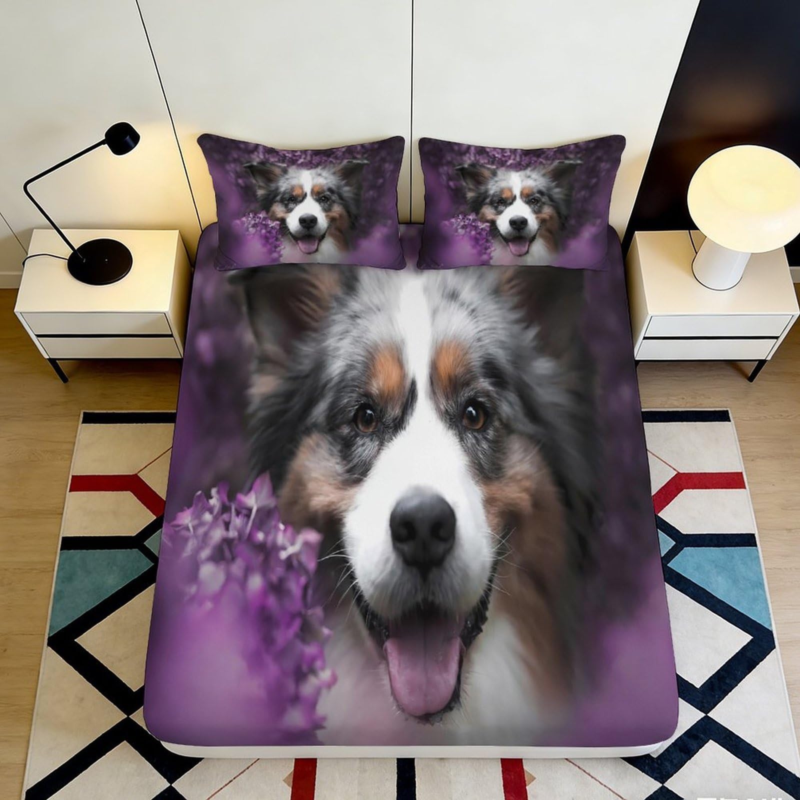 Pnayamiorkfel Style-8 3D Printed Australian Shepherd Dog Fitted Sheet Microfiber Purple Floral Bed Cover For Bedroom Guest Room Decor Mattress Protection 90X200x25cm