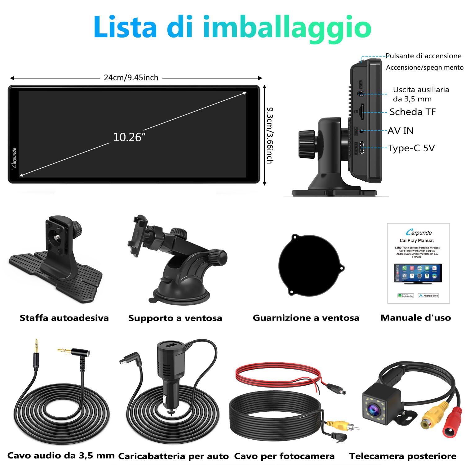 CARPURIDE V92R - Schermo portatile per carplay wireless e Android Auto, touch screen HD da 10,26 pollici, 1080p, con telecamera di backup 720p, BT 5.0, supporto Mirror Link per camion e camper