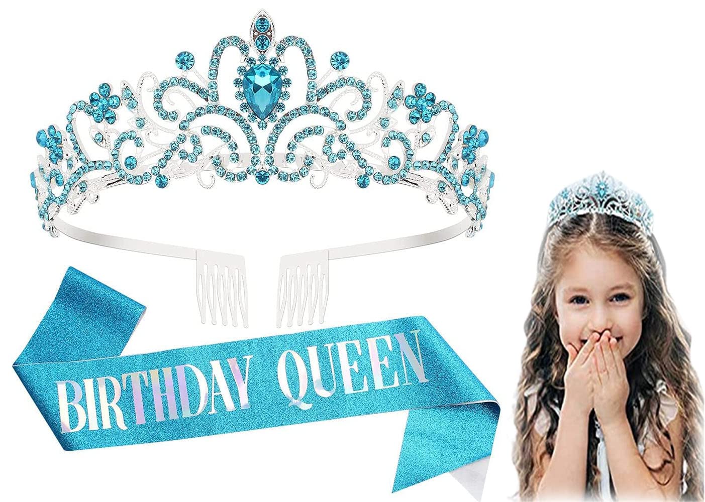 ELECDON Blue Rhinestone Birthday Crown & Tiara Set for Women, Birthday Queen Sash & Princess Tiara, for Birthday Celebrations