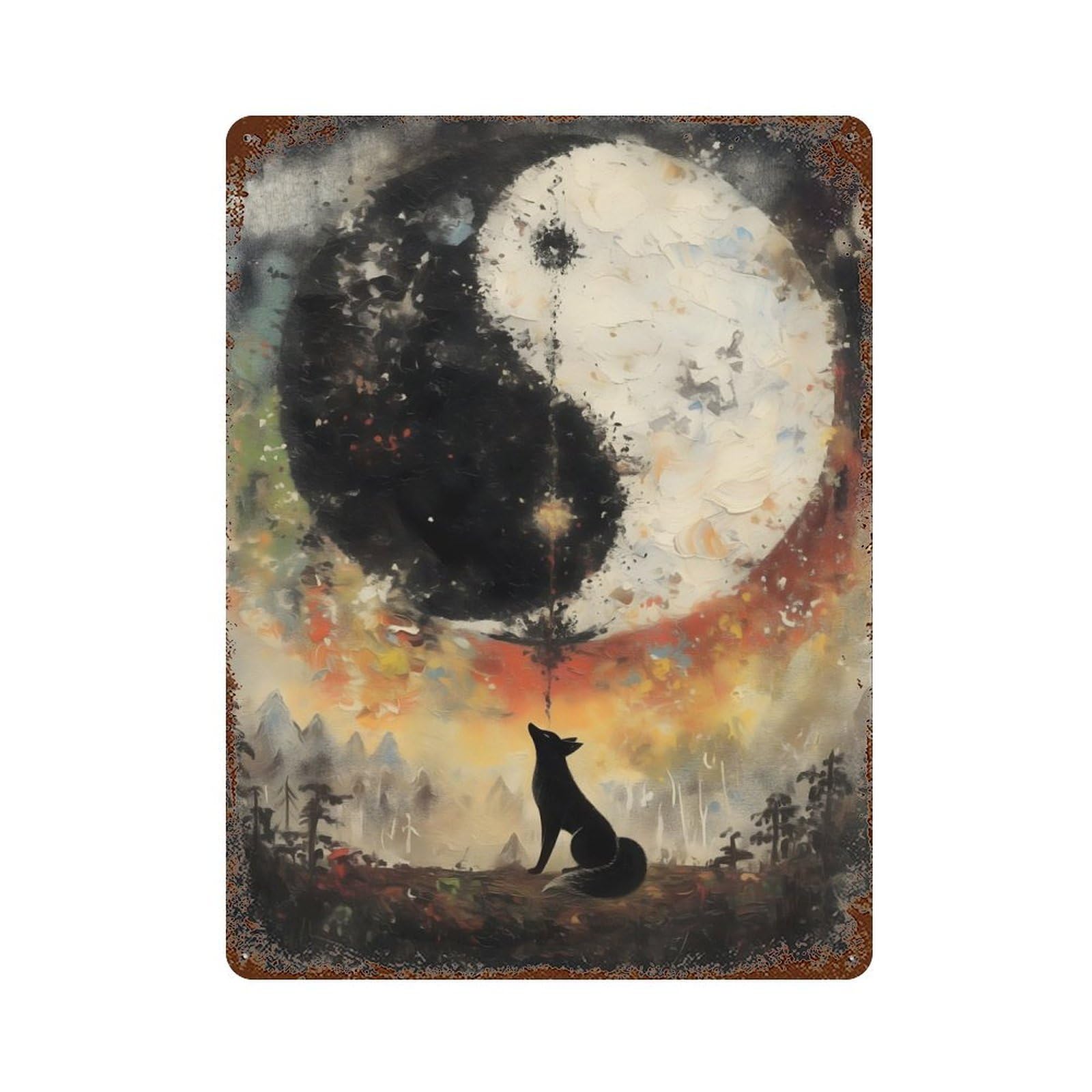 Fox Gazing at Yin Yang Rusty Metal Tin Sign 15.7"x11.8", for Pub, Kitchen And Man Cave Decor, Farmhouse Wall Decor