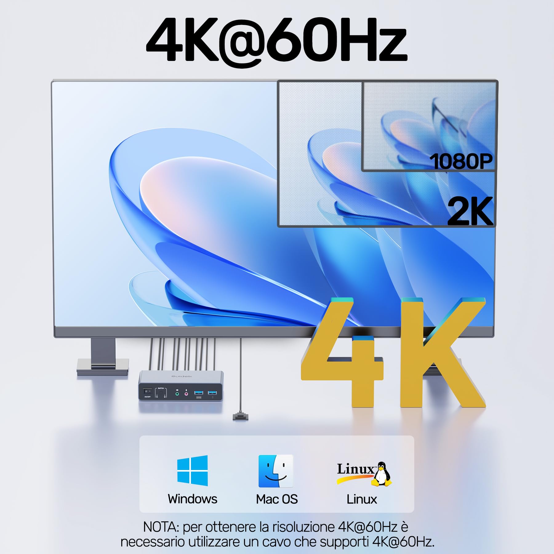 SUIDEK Commutatore KVM HDMI Displayport, 2 computer 2 monitor 4K@60Hz Commutatore KVM a doppio monitor per 2 PC, 3 porte USB 3.0 Supporto modalità estesa/specchio
