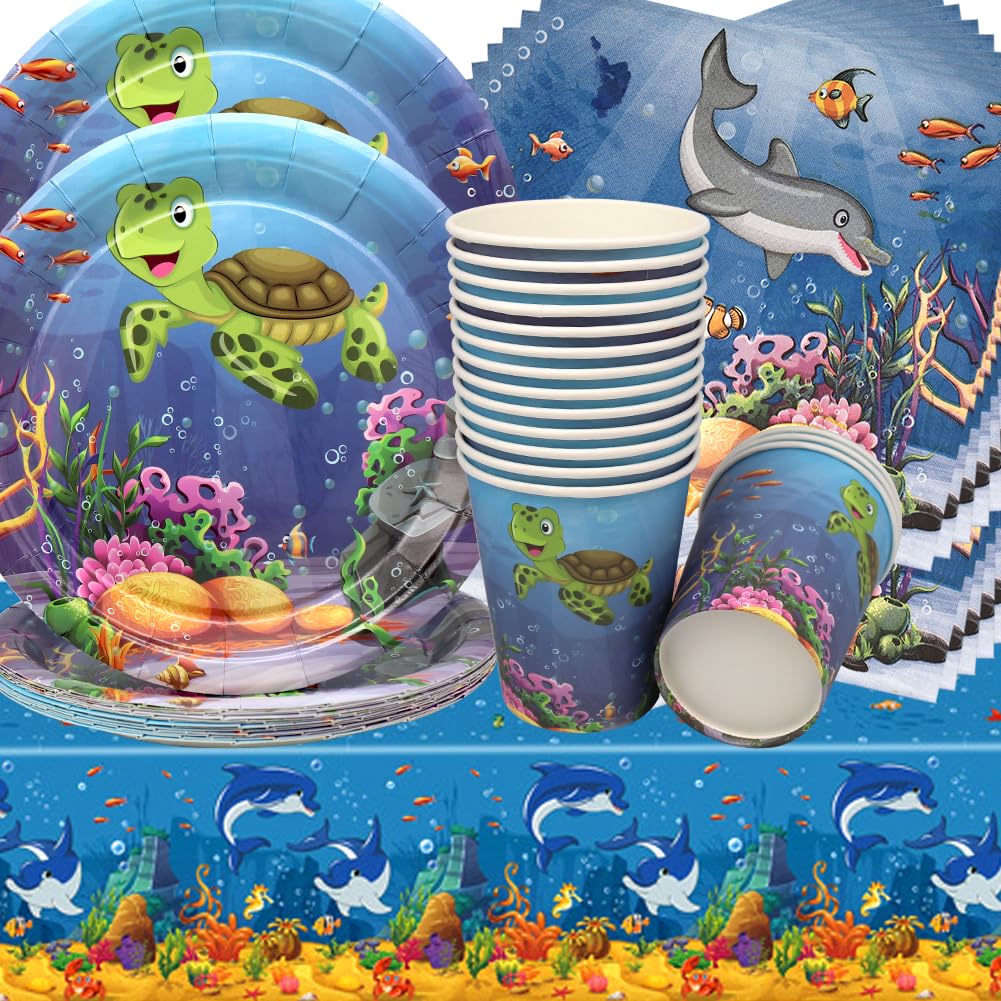 Doyomtoy Stoviglie per Feste Animali Marini, 53 Pezzi Decorazioni Compleanno Ocean Sea, Piatti, Tazze, Tovaglioli per Bambini
